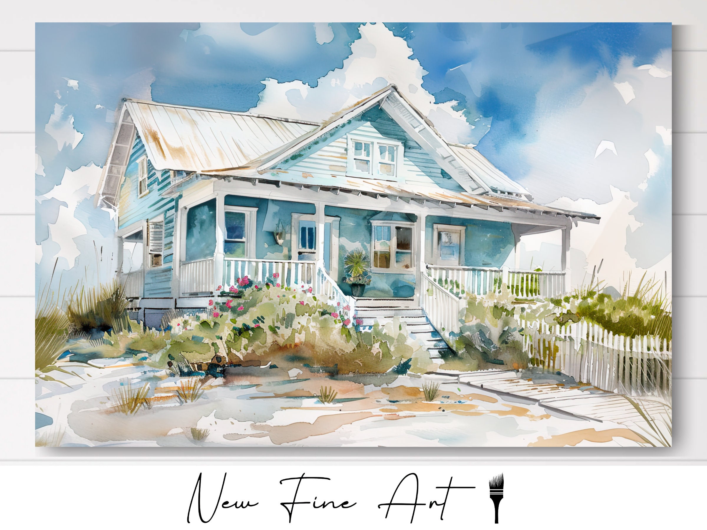 Rustic Seaside Beach Cottage Watercolor Art Print, Tranquil Coastal Home Decor, Serene Ocean Landscape Wall Art 30A Beach House Aesthetic