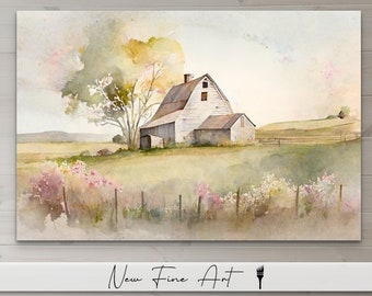Farmhouse Flower Barn Wall Art, White Neutral, Rustic Print, Peonies, French Country, Watercolor Museum Quality Canvas or Art Print