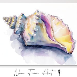 Puede incluir: Pintura a la acuarela de una concha marina en tonos amarillos, rosas, azules y morados. La concha tiene forma de espiral y superficie texturizada. La obra está firmada "New Fine Art".