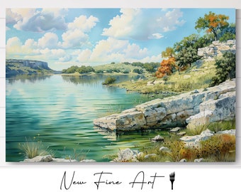 Texas Hill Country Watercolor - Autumn Trees River Landscape Wall Decor, Peaceful Nature Scene for Rustic Home Office, Texan Gift, Austin