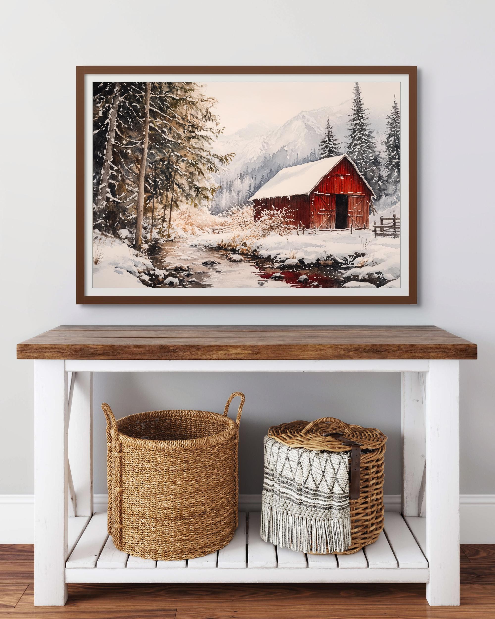 Red Old Barn Winter Art Print - Snowy Mountain Cabin Wall Art ...
