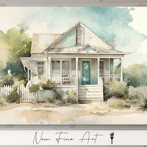 Coastal Beach House Watercolor, Ocean, Beach, Vacation Home, Seaside Art, Coastal Farmhouse, Watercolor Museum Quality Canvas or Print