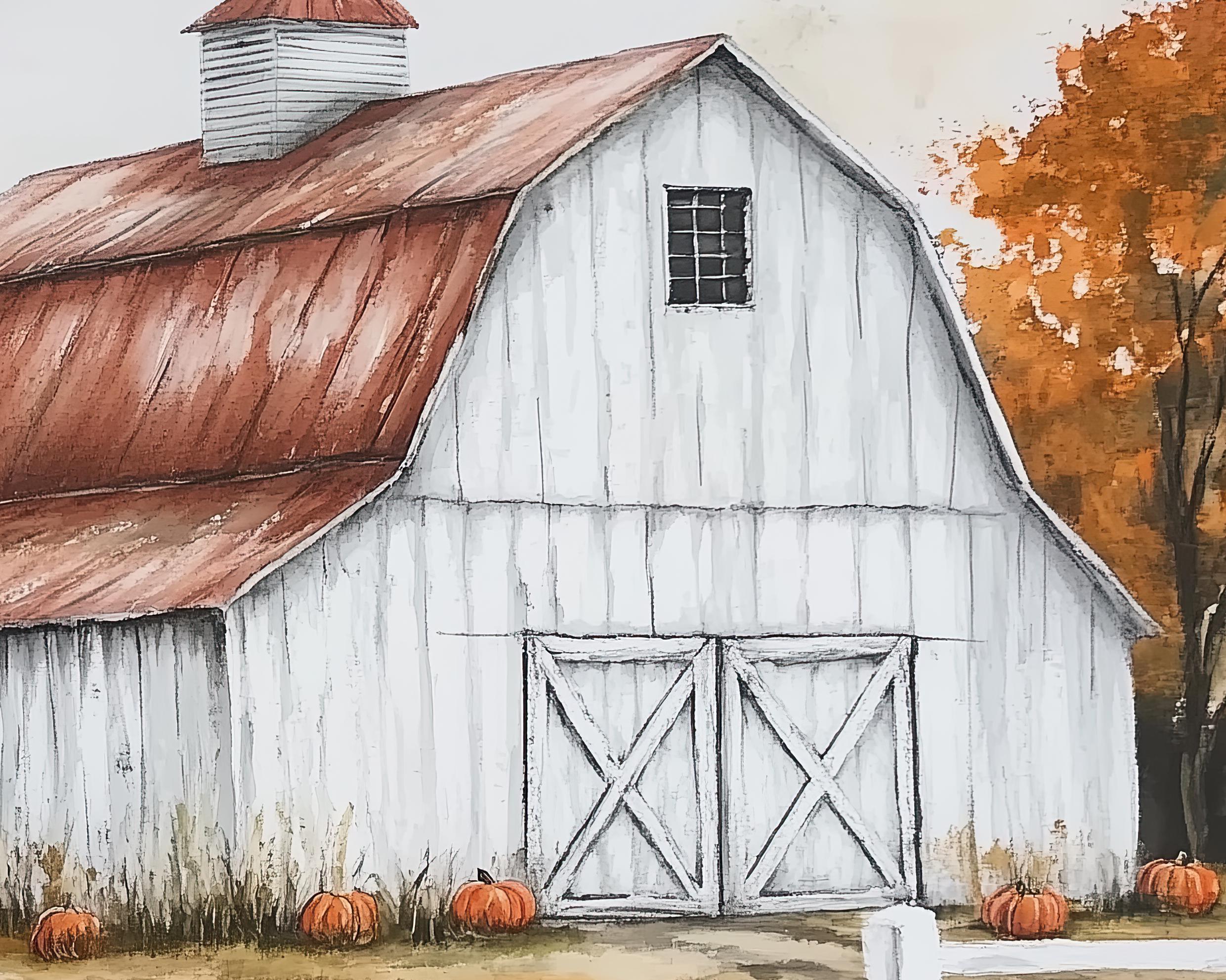 Rustic Fall Barn and Windmill Art Print With Pumpkins, Autumn Farmhouse ...
