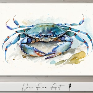 Coastal Wall Art, Nautical, Blue Crab Watercolor, Marine Life, Realistic, Coastal Farmhouse, Water Museum Quality Canvas or Print