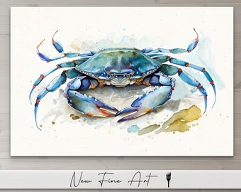 Coastal Wall Art, Nautical, Blue Crab Watercolor, Marine Life, Realistic, Coastal Farmhouse, Water Museum Quality Canvas or Print