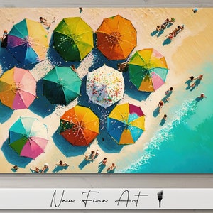 Oil Painting Beach Wall Art, Colorful, Beach Umbrellas, Coastal, Pop of Color, Tropical, Vacation, Water Museum Quality Canvas or Print