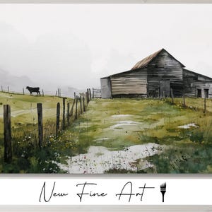 Rustic Barn Wall Art • Foggy Morning Farmhouse Print • Country Field with Cow • Weathered Shed Landscape • Rural Fence Artwork