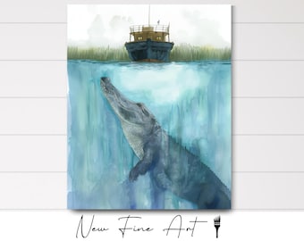 Giant Alligator Underwater Art Print – Surreal Bayou Scene with Cajun Shrimp Boat, Southern Wildlife Wall Art, Swamp Creature Decor