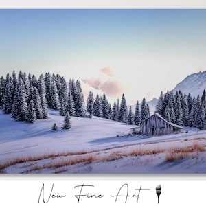Rustic Winter Barn Scene Art | Snowy Pine Landscape Cabin Wall Decor | Country Farmhouse Mountain Artwork for Cozy Lodge Style
