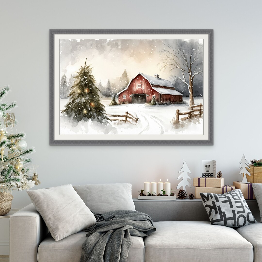 Art Print Red Barn Winter Landscape Watercolor Country Holiday Scene - Etsy