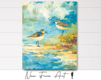 Fluffy Sandpipers Painting, Coastal Wall Art, Beachy, Vacation, Nautical, Birds, Beach House, Modern Museum Quality Art Print or Canvas