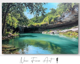 May include: Oil painting depicting a tranquil landscape with a turquoise lake and a small waterfall. The scene is framed by green trees and foliage, with a rocky cliff in the background. The artwork is signed "New Fine Art".