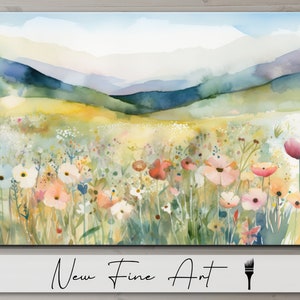花の草原の水彩画、素朴、抽象、モダンな農家の風景、花、壁アート、花柄、美術館品質のキャンバスまたはアートプリント