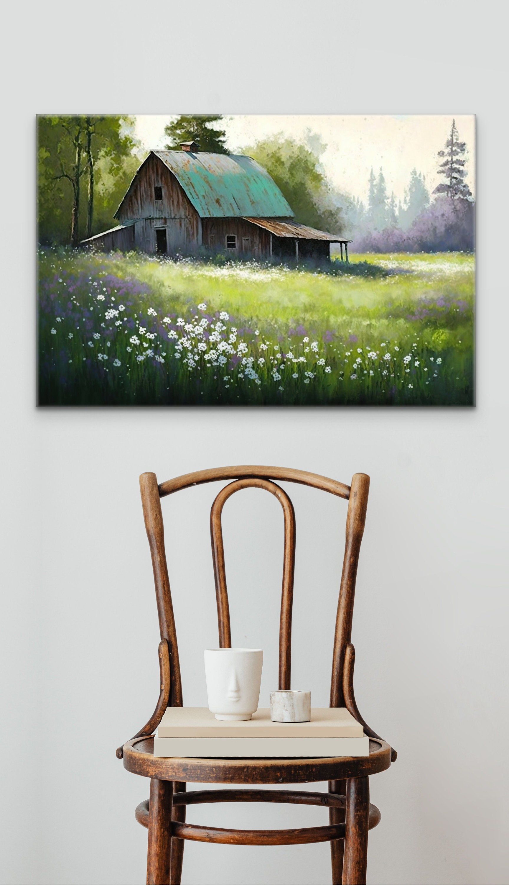 Watercolor Barn in Flower Field, Farmhouse Wall Art, Country Landscape ...