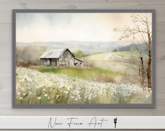Könnte beinhalten: Ein Aquarellgemälde eines weißen Bauernhauses mit rostigem Metalldach auf einem Feld mit weißen Blumen. Das Bauernhaus ist umgeben von sanften grünen Hügeln und einem einzelnen Baum mit kahlen Ästen. Der Himmel ist hellblau mit weißen Wolken.