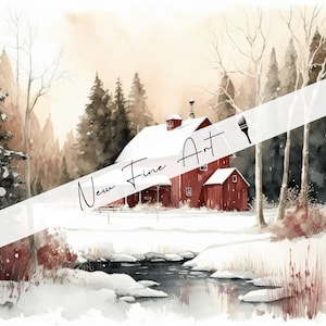 Farmhouse Winter Snow Barn Wall Art, Rustic Print, Red Barn, Country ...