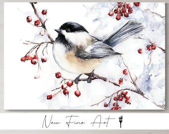 May include: Watercolor painting of a small bird with black and white feathers perched on a branch with red berries. The artwork has a winter theme with a snowy background and is signed "New Fine Art".