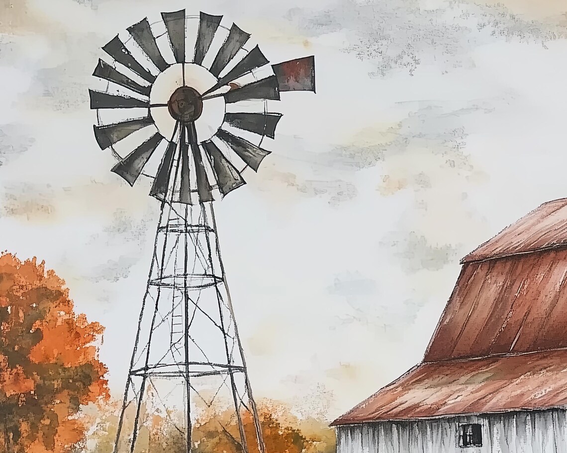 Rustic Fall Barn and Windmill Art Print With Pumpkins, Autumn Farmhouse ...
