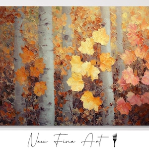 Pode incluir: Uma pintura com tema de outono com bétulas e folhas coloridas em tons de amarelo, laranja e rosa. A obra de arte tem um estilo texturizado e impressionista, com o texto "New Fine Art" na parte inferior.