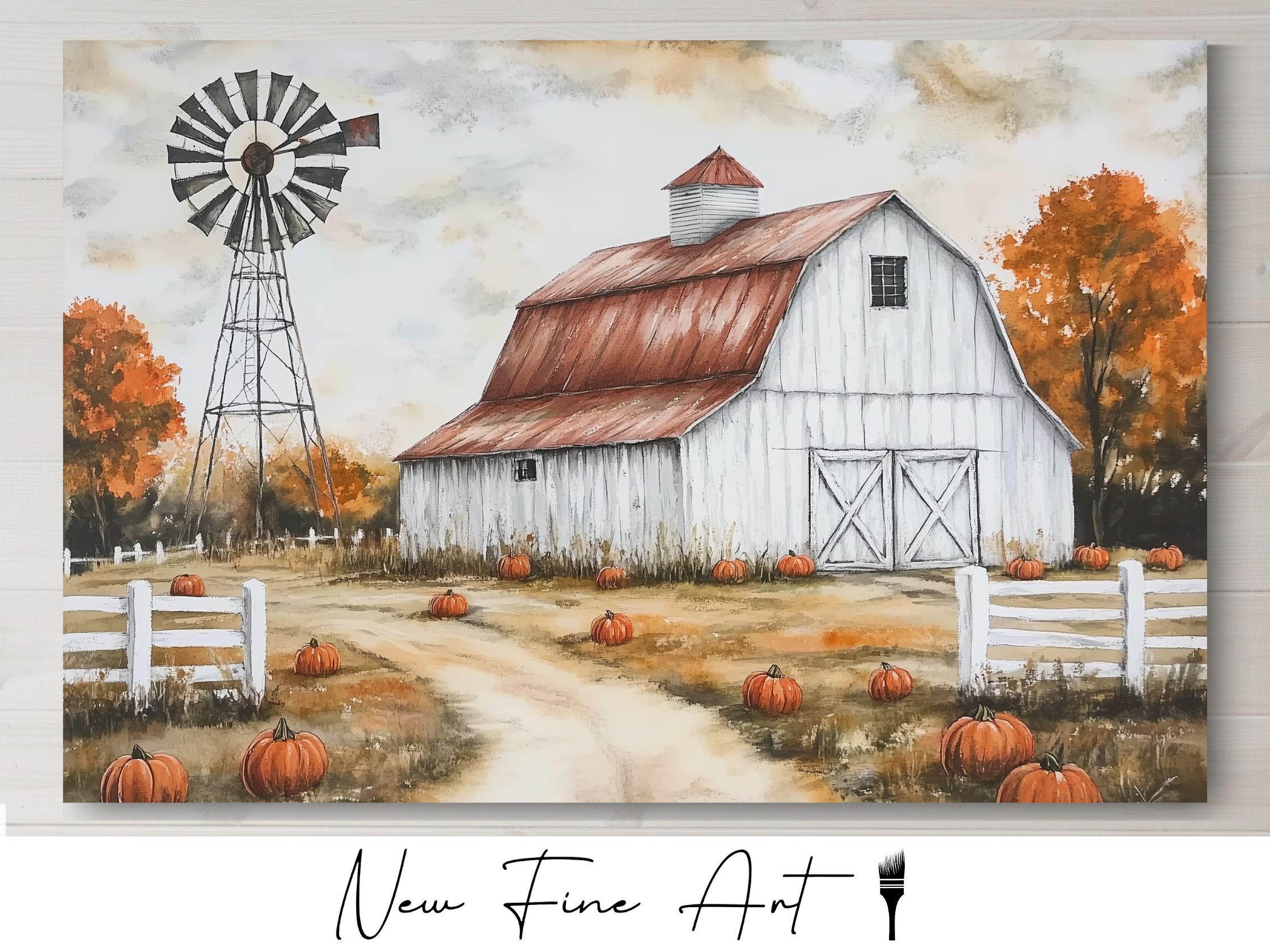 Rustic Fall Barn and Windmill Art Print With Pumpkins, Autumn Farmhouse ...