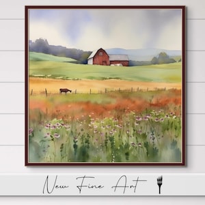 Wildflower Fields Cattle Barn, Rustic, Flowers, Country Landscape, Cow Wall Art, Watercolor, Lavender, Museum Quality Canvas or Art Print