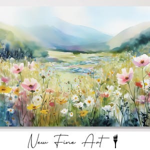 Wildflower Meadow Wall Art Print – Blooming Summer Landscape with Flowers & River, Nature Watercolor Artwork for Cottagecore Decor