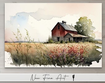 Farmhouse Red Barn Wall Art, Rustic Print, Flowers, Country Landscape, Watercolor, Museum Quality Canvas or Art Print