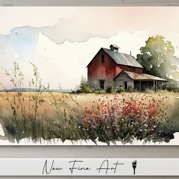 Farmhouse Red Barn Wall Art, Rustic Print, Flowers, Country Landscape, Watercolor, Museum Quality Canvas or Art Print