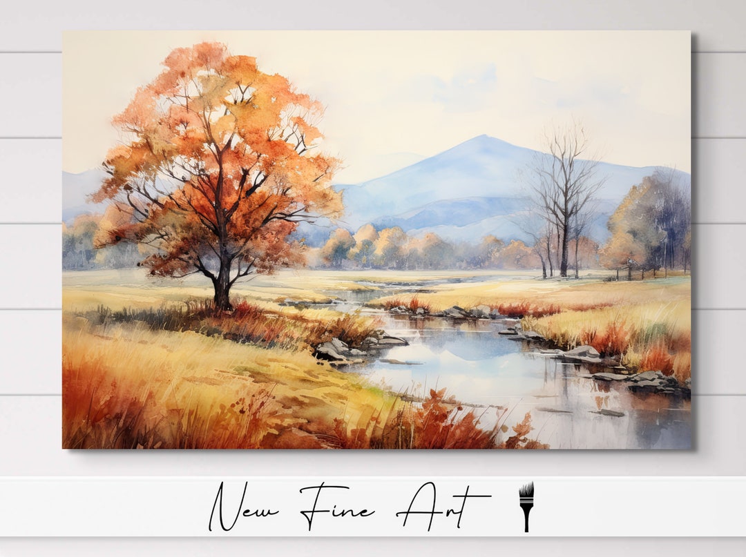 Fall Leaves Mountain Stream Landscape Watercolor, Autumn, Wall Art ...