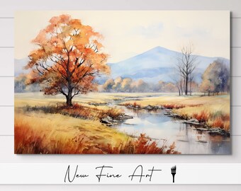 Fall Leaves Mountain Stream Landscape Watercolor, Autumn, Wall Art, Modern Rustic Farmhouse, Fall Colors Museum Quality Canvas or Art Print