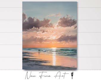 May include: A coastal landscape painting depicts a sunset over the ocean. The sky is filled with pink and gray clouds, with the sun's reflection on the water. Two figures walk on the beach. The words "New Fine Art" are at the bottom.