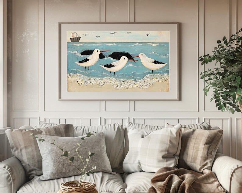 Coastal Folk Art Sandpiper Painting – Seaside Beach Wall Art With ...