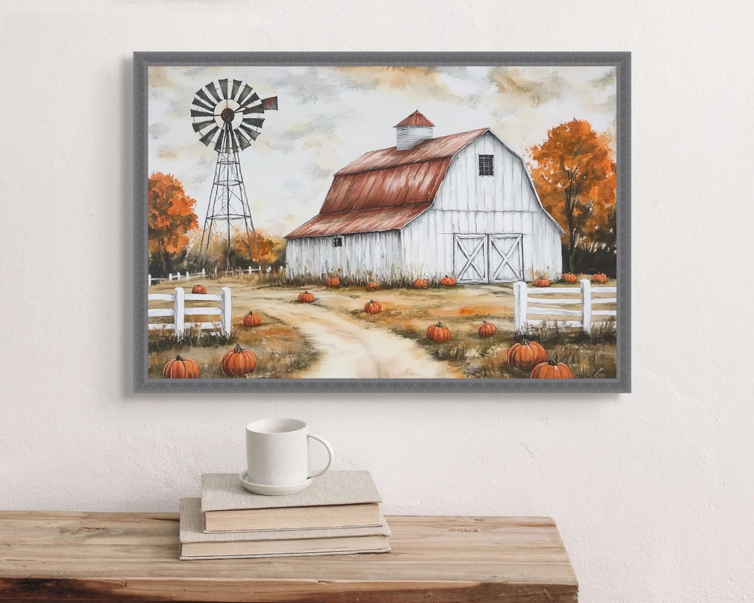 Art Print – Fall Barn and Windmill With Pumpkins, Autumn Farm Landscape ...