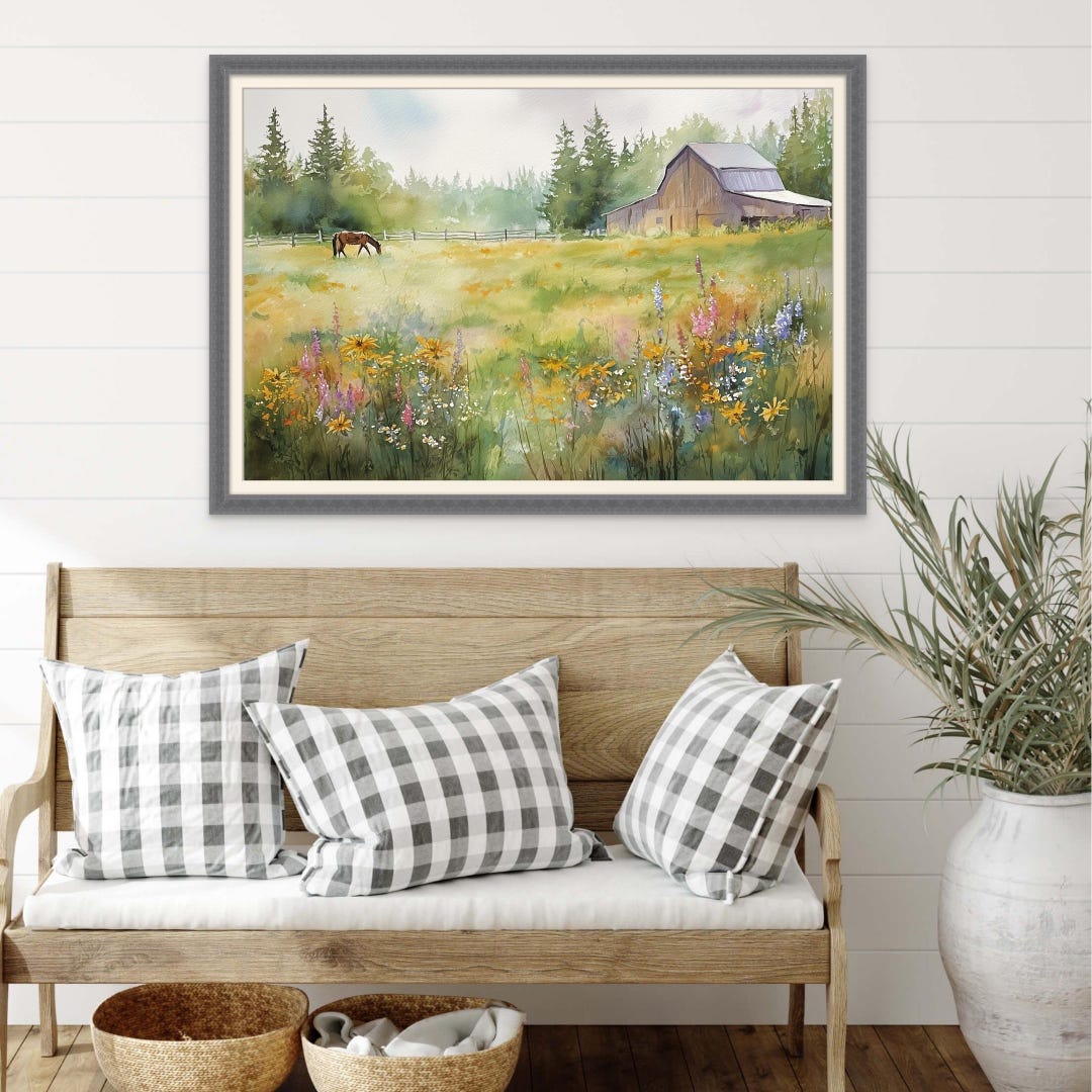 Barn Wall Art Print – Horse in Meadow With Wildflowers – Country ...