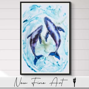 Watercolor Whale Art Print Coastal Wall Decor Blue Humpback Whales Painting Ocean Animal Artwork for Beach House Bathroom Nursery