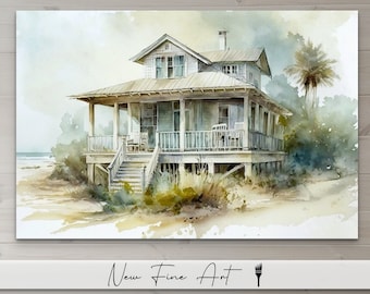 Coastal Beach House Watercolor, Ocean, Beach, Architecture, Seaside Art, Coastal Farmhouse, Watercolor Museum Quality Canvas or Print