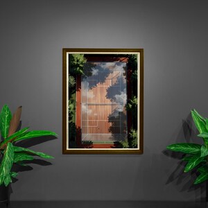 May include: A framed picture depicting a tennis court, with a view of the sky and trees. The frame is brown, and the artwork is centered on a grey wall. Two potted green plants are placed on either side of the artwork.