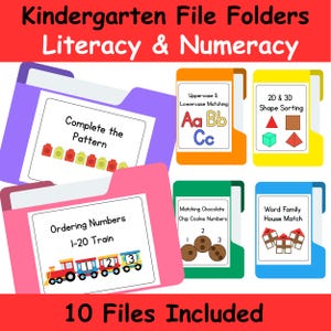 May include: Brightly coloured file folders for kindergarten literacy and numeracy. The folders contain activities for matching uppercase and lowercase letters, shape sorting, completing patterns, ordering numbers, matching chocolate chip cookie numbers, and word family house match. The image text says "10 Files Included."