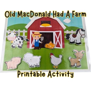 May include: Printable Old MacDonald Had A Farm activity with a red barn, a farmer, a cow, a horse, a pig, a sheep, a chicken, a goat, and a cat.