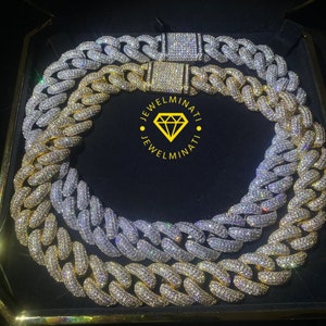 Ciężki solidny 925 srebrny męski łańcuszek VVS1 Moissanite z diamentami zdobiony kubańskimi, łańcuszki Icedout Rapper, szerokość 19 mm, wysokiej jakości zapięcie pudełkowe