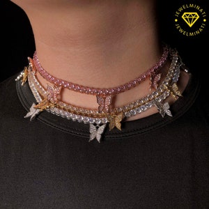Iced Out Moissanite Butterfly Choker Tenisowy Łańcuch,Łańcuch Wisiorek Motyl,Naszyjnik Motyl,Złoto Srebro Róż,Biżuteria Hip Hop dla Mężczyzn i Kobiet