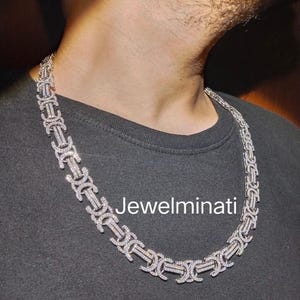 Płaski bizantyjski srebrny męski naszyjnik, ręcznie robiony bizantyjski łańcuszek Icedout, diament Moissanite jakości VVS1 Pass The Tester, łańcuszek lodowy o szerokości 15 mm