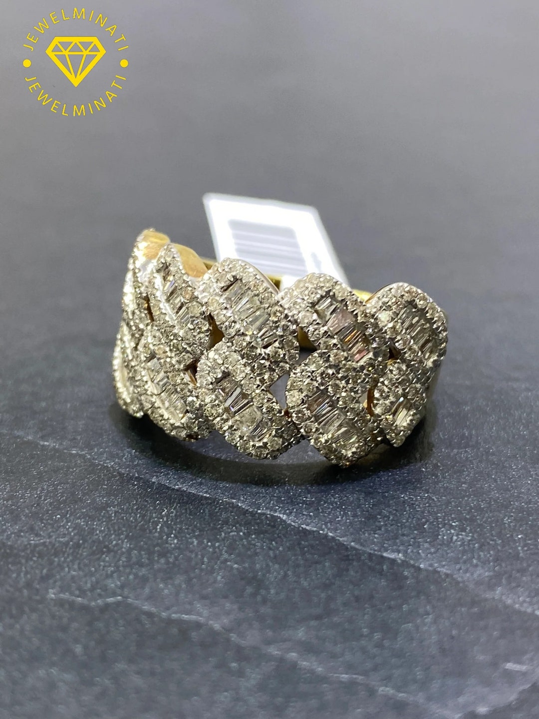 Baugette Rapper Ring Men Ice Out Cuban Link Ring, Baguette and Round Cut Colorless Real ...