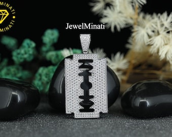 Razor Blade Pendant With Chain 925 Sterling Silver AAA Cubic