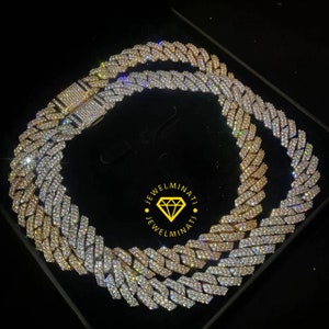 Ciężki solidny 925 srebrny męski łańcuszek VVS1 Moissanite z diamentami zdobionymi kubańskimi, łańcuszki Icedout Rapper, szerokość 14 mm, wysokiej jakości zapięcie pudełkowe