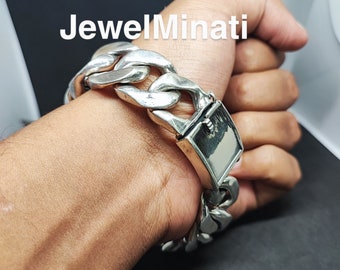 Men's Real Solid 925 Sterling Silver Miami Cuban Bracelet, Heavy Cuban Link Bracelet, 23MM Special Design Silver Bracelet, Box Lock Clasp