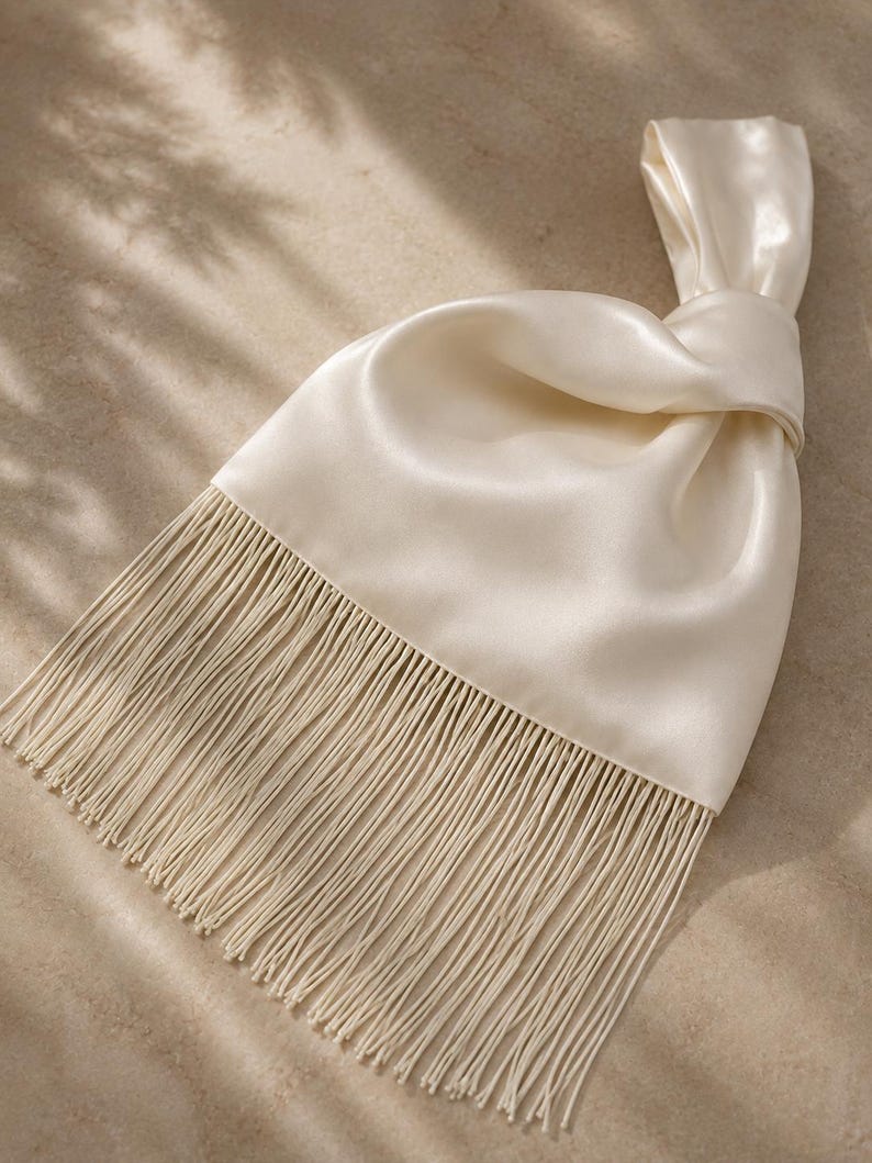 May include: An off-white satin handbag featuring a knotted handle design and a long, straight fringe trim along the bottom edge. The smooth, lustrous fabric creates soft folds around the knot, while the thin, dangling fringe adds texture.