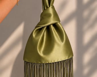Handmade Satin Japanese Knot Bag with Thread Fringe | Handmade Bridal Purse | Elegant Wedding Clutch | Minimalist Evening Bag | Bridal Bag