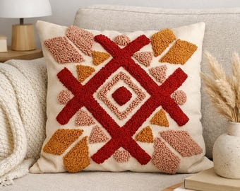 Punch Needle Pillow Cover, Boho Tufted Cushion Case, Handmade Embroidery Throw Pillow, Textured Home Decor, Aesthetic Housewarming Gift