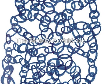 Pode incluir: Um desenho a tinta azul de uma série de círculos sobrepostos, criando um padrão complexo. O texto "The Serenity Sketchbook" é visível no centro da imagem.